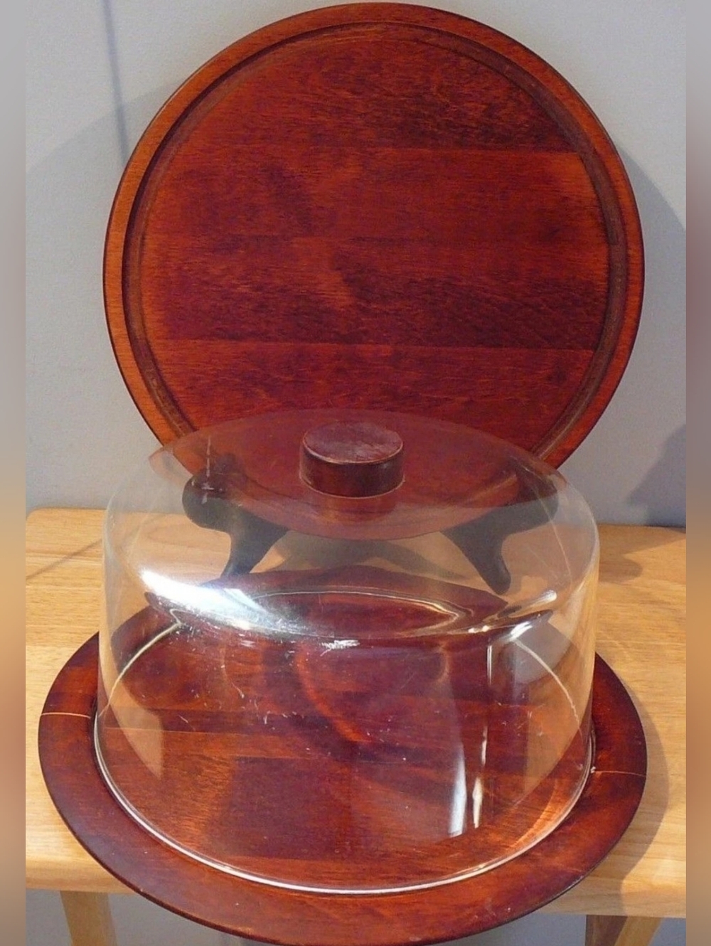 2 vintage Baribocraft  Round Charcuterie Cheese Wood Trays Covered Cake Tray